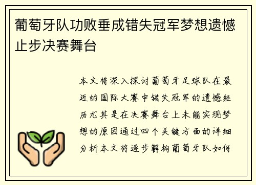 葡萄牙队功败垂成错失冠军梦想遗憾止步决赛舞台