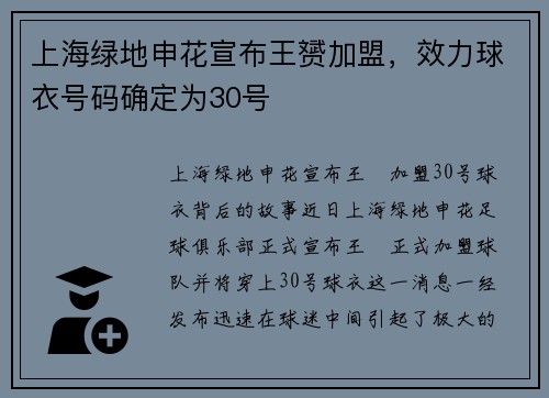 上海绿地申花宣布王赟加盟，效力球衣号码确定为30号