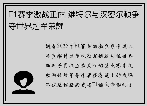 F1赛季激战正酣 维特尔与汉密尔顿争夺世界冠军荣耀
