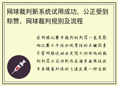 网球裁判新系统试用成功，公正受到称赞，网球裁判规则及流程